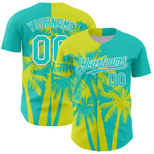 Charger l'image dans la galerie, Custom Aqua Neon Yellow-White 3D Pattern Design Hawaii Palm Trees Tropical Coconut Authentic Baseball Jersey