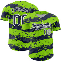 Load image into Gallery viewer, Custom Neon Green Navy-White 3D Pattern Design Paint Splash Stripe Authentic Baseball Jersey