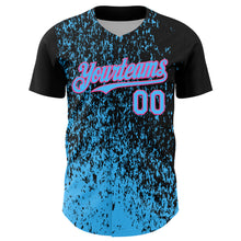 Charger l'image dans la galerie, Custom Black Sky Blue-Pink 3D Pattern Design Abstract Fragment Splatter Authentic Baseball Jersey