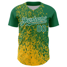 Laden Sie das Bild in den Galerie-Viewer, Custom Kelly Green Gold-White 3D Pattern Design Abstract Fragment Splatter Authentic Baseball Jersey
