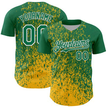 Laden Sie das Bild in den Galerie-Viewer, Custom Kelly Green Gold-White 3D Pattern Design Abstract Fragment Splatter Authentic Baseball Jersey