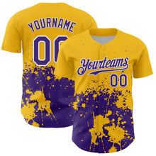 Load image into Gallery viewer, Custom Gold Purple-White Abstract Splatter Grunge Authentic Baseball Jersey