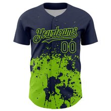 Laden Sie das Bild in den Galerie-Viewer, Custom Navy Neon Green Abstract Splatter Grunge Authentic Baseball Jersey