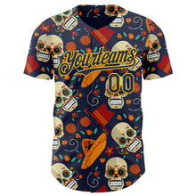 Load image into Gallery viewer, Custom Navy Gold Sugar Skull Day of the Dead Mexican Folk Art Authentic Baseball Jersey