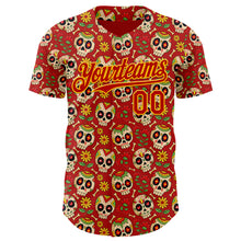 Load image into Gallery viewer, Custom Red Yellow Sugar Skull Day of the Dead Mexican Folk Art Authentic Baseball Jersey
