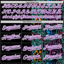 Laden Sie das Bild in den Galerie-Viewer, Custom Black Medium Purple White-Ice Blue Bowling Doodle Split Authentic Baseball Jersey