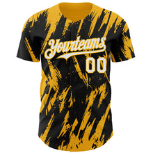 Laden Sie das Bild in den Galerie-Viewer, Custom Black White-Gold 3D Pattern Design Splatter Torn Sharp Brush Stroke Authentic Baseball Jersey