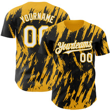 Laden Sie das Bild in den Galerie-Viewer, Custom Black White-Gold 3D Pattern Design Splatter Torn Sharp Brush Stroke Authentic Baseball Jersey