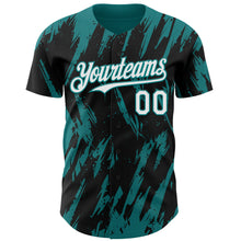 Laden Sie das Bild in den Galerie-Viewer, Custom Black White-Teal 3D Pattern Design Splatter Torn Sharp Brush Stroke Authentic Baseball Jersey