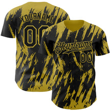 Load image into Gallery viewer, Custom Black Old Gold 3D Pattern Design Splatter Torn Sharp Brush Stroke Authentic Baseball Jersey