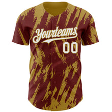 Laden Sie das Bild in den Galerie-Viewer, Custom Burgundy White-Old Gold 3D Pattern Design Splatter Torn Sharp Brush Stroke Authentic Baseball Jersey