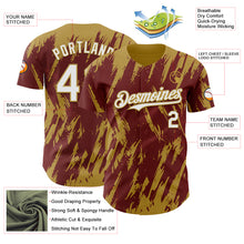 Laden Sie das Bild in den Galerie-Viewer, Custom Burgundy White-Old Gold 3D Pattern Design Splatter Torn Sharp Brush Stroke Authentic Baseball Jersey