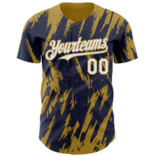 Загрузить изображение в средство просмотра галереи, Custom Navy White-Old Gold 3D Pattern Design Splatter Torn Sharp Brush Stroke Authentic Baseball Jersey