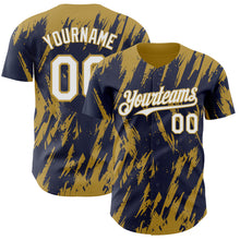 Загрузить изображение в средство просмотра галереи, Custom Navy White-Old Gold 3D Pattern Design Splatter Torn Sharp Brush Stroke Authentic Baseball Jersey