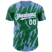 Laden Sie das Bild in den Galerie-Viewer, Custom Kelly Green White-Light Blue 3D Pattern Design Splatter Torn Sharp Brush Stroke Authentic Baseball Jersey