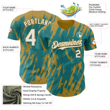 Загрузить изображение в средство просмотра галереи, Custom Teal White-Old Gold 3D Pattern Design Splatter Torn Sharp Brush Stroke Authentic Baseball Jersey