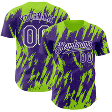 Load image into Gallery viewer, Custom Purple White-Neon Green 3D Pattern Design Splatter Torn Sharp Brush Stroke Authentic Baseball Jersey