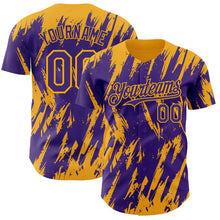 Laden Sie das Bild in den Galerie-Viewer, Custom Purple Gold 3D Pattern Design Splatter Torn Sharp Brush Stroke Authentic Baseball Jersey