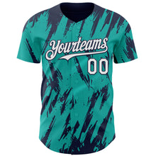 Load image into Gallery viewer, Custom Aqua White-Navy 3D Pattern Design Splatter Torn Sharp Brush Stroke Authentic Baseball Jersey