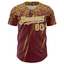 Load image into Gallery viewer, Custom Burgundy Old Gold-White Distressed Scratch Brush Stroke Authentic Baseball Jersey