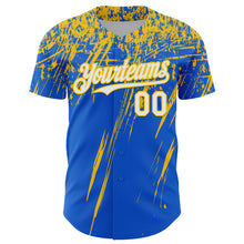 Загрузить изображение в средство просмотра галереи, Custom Thunder Blue White-Yellow Distressed Scratch Brush Stroke Authentic Baseball Jersey