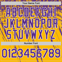 Laden Sie das Bild in den Galerie-Viewer, Custom Gold Purple-White Distressed Scratch Brush Stroke Authentic Baseball Jersey
