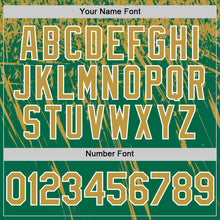 Laden Sie das Bild in den Galerie-Viewer, Custom Kelly Green Old Gold-White Distressed Scratch Brush Stroke Authentic Baseball Jersey