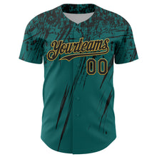 Laden Sie das Bild in den Galerie-Viewer, Custom Teal Black-Old Gold Distressed Scratch Brush Stroke Authentic Baseball Jersey