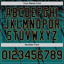 Laden Sie das Bild in den Galerie-Viewer, Custom Teal Black-Old Gold Distressed Scratch Brush Stroke Authentic Baseball Jersey
