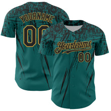 Laden Sie das Bild in den Galerie-Viewer, Custom Teal Black-Old Gold Distressed Scratch Brush Stroke Authentic Baseball Jersey