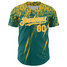 Laden Sie das Bild in den Galerie-Viewer, Custom Teal Gold-White Distressed Scratch Brush Stroke Authentic Baseball Jersey