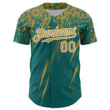 Load image into Gallery viewer, Custom Teal Old Gold-White Distressed Scratch Brush Stroke Authentic Baseball Jersey