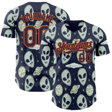 Laden Sie das Bild in den Galerie-Viewer, Custom Navy Orange 3D Pattern Design Alien UFO Space Authentic Baseball Jersey