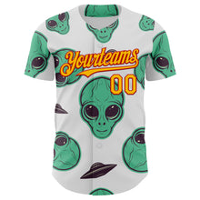 Load image into Gallery viewer, Custom White Gold-Red 3D Pattern Design Alien UFO Space Authentic Baseball Jersey