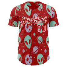 Laden Sie das Bild in den Galerie-Viewer, Custom Red White 3D Pattern Design Alien UFO Space Authentic Baseball Jersey