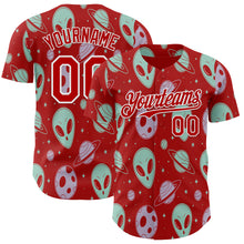 Laden Sie das Bild in den Galerie-Viewer, Custom Red White 3D Pattern Design Alien UFO Space Authentic Baseball Jersey