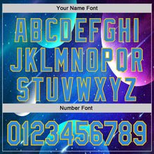 Laden Sie das Bild in den Galerie-Viewer, Custom Navy Electric Blue-Yellow 3D Pattern Design Alien UFO Space Galaxy Authentic Baseball Jersey