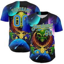 Laden Sie das Bild in den Galerie-Viewer, Custom Navy Electric Blue-Yellow 3D Pattern Design Alien UFO Space Galaxy Authentic Baseball Jersey