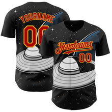 Load image into Gallery viewer, Custom Black Red-Gold 3D Pattern Design Alien UFO Saucer Authentic Baseball Jersey