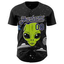 Laden Sie das Bild in den Galerie-Viewer, Custom Black Navy-Cream 3D Pattern Design Alien UFO Galaxy Authentic Baseball Jersey