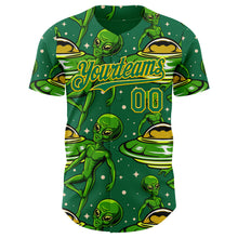 Laden Sie das Bild in den Galerie-Viewer, Custom Kelly Green Yellow 3D Pattern Design Alien UFO Galaxy Authentic Baseball Jersey