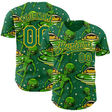 Laden Sie das Bild in den Galerie-Viewer, Custom Kelly Green Yellow 3D Pattern Design Alien UFO Galaxy Authentic Baseball Jersey