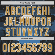 Laden Sie das Bild in den Galerie-Viewer, Custom Blue Old Gold Black-White 3D Pattern Design Alien UFO Galaxy Authentic Baseball Jersey