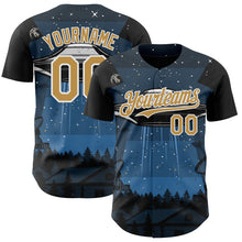 Laden Sie das Bild in den Galerie-Viewer, Custom Blue Old Gold Black-White 3D Pattern Design Alien UFO Galaxy Authentic Baseball Jersey