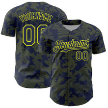 Load image into Gallery viewer, Custom Navy Neon Yellow Curve Lines Authentic Baseball Jersey