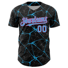 Load image into Gallery viewer, Custom Black Sky Blue-Pink 3D Pattern Design Abstract Network Authentic Baseball Jersey