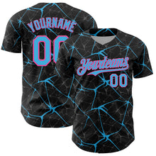 Load image into Gallery viewer, Custom Black Sky Blue-Pink 3D Pattern Design Abstract Network Authentic Baseball Jersey