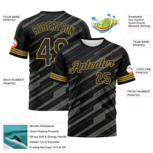 Load image into Gallery viewer, Custom Black Steel Gray-Old Gold 3D Pattern Diagonal Stripe Speed Line Performance T-Shirt