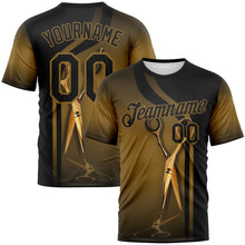 Load image into Gallery viewer, Custom Black-Old Gold 3D Pattern Scissors Barber Shop Performance T-Shirt