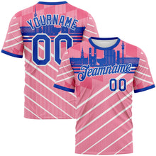 Charger l'image dans la galerie, Custom Neon Pink Thunder Blue-White 3D Pattern Munich Skyline Diagonal Stripe Performance T-Shirt